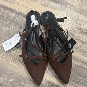 Walmart brown faux suede point toe strappy buckle flats size 11